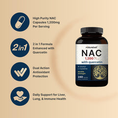 Close-up of NatureBell NAC with quercetin dihydrate capsules for synergistic antioxidant blend.