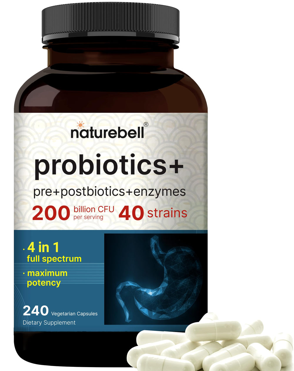 NatureBell Probiotic 200 Billion CFU bottle showcasing high potency for daily gut support