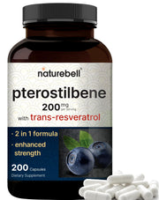 NatureBell Pterostilbene bottle front showing 200 capsules for antioxidant support.