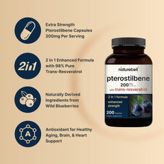 NatureBell Pterostilbene capsules close-up demonstrates precise 200 mg per serving.
