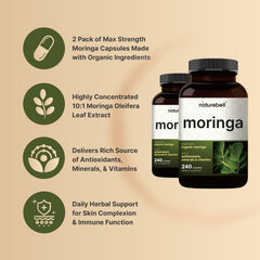 Close view of NatureBell Moringa capsules; 8,000mg equivalent per dose for daily energy.