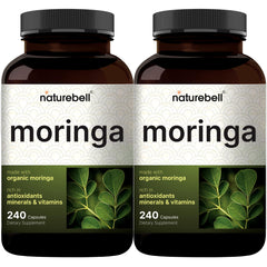 NatureBell Pure Moringa Capsules bottle front label; supports immune system function and daily wellness.