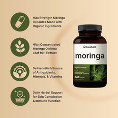 NatureBell Pure Moringa Capsules label close-up, shows 800 mg per serving and ingredients.