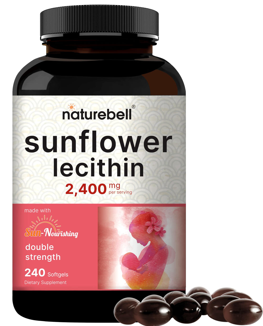 NatureBell sunflower lecithin softgels bottle on counter for soy-free lactation support.