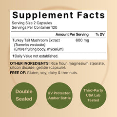 NatureBell Turkey Tail: etiqueta que destaca extracto de cuerpo y micelio para bienestar