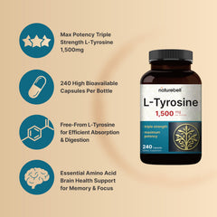 NatureBell L Tyrosine capsules illustrating neurotransmitter support for focus.