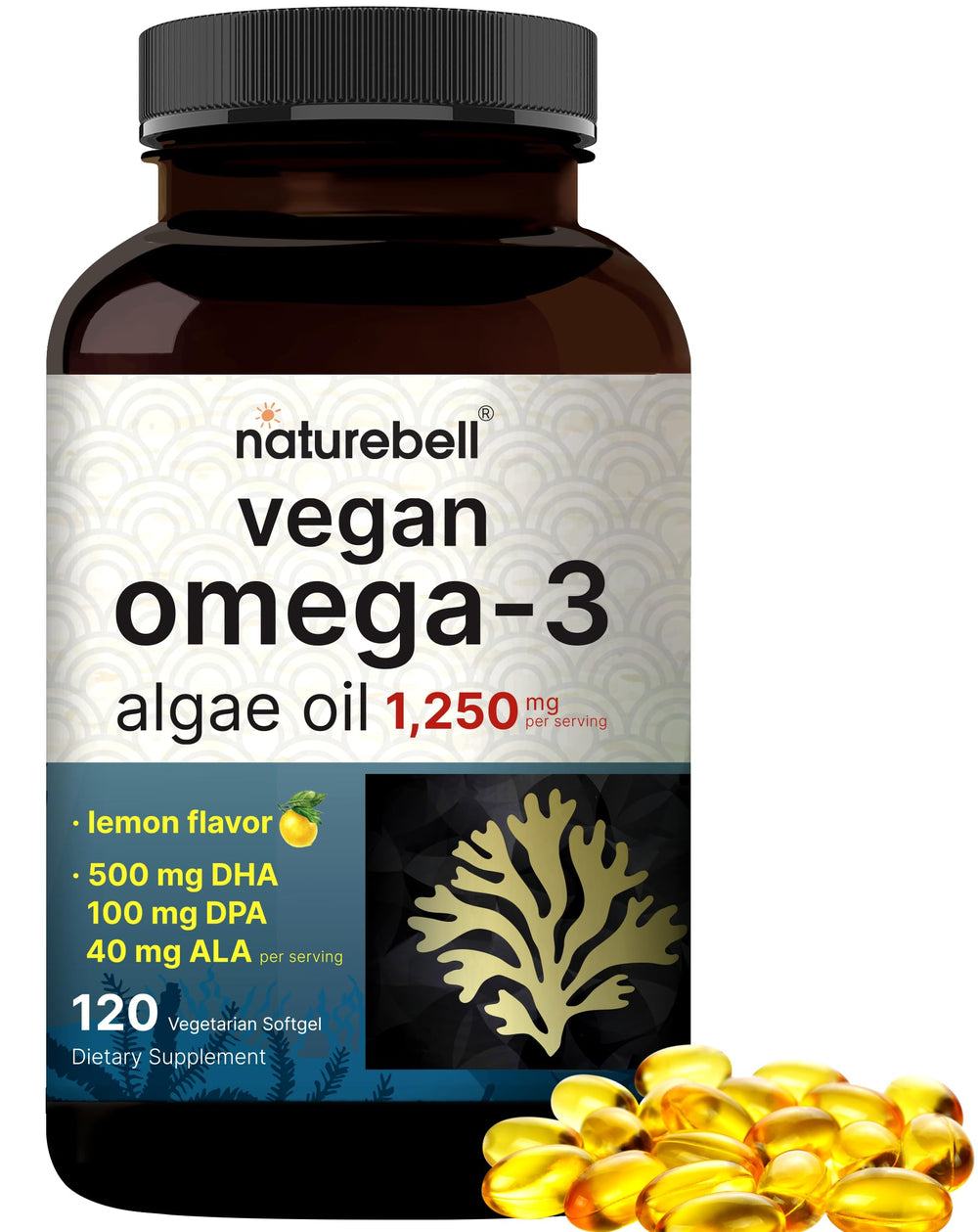 NatureBell vegan omega-3 algae oil softgel bottle with lemon flavor for easy daily intake.