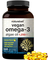 NatureBell vegan omega-3 algae oil softgel bottle with lemon flavor for easy daily intake.