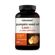 NatureBell Virgin Pumpkin Seed Oil softgels bottle emphasizes omega fats for daily wellness