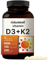 NatureBell Vitamin D3 5,000 IU + K2 100 mcg softgels bottle supports bone health