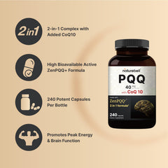 ZenPQQ+ formula graphic showing 40mg PQQ and 10mg CoQ10.