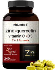 NatureBell Zinc Quercetin bottle label highlighting a 4-in-1 wellness formula.