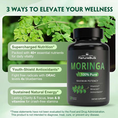 Front view of NatureBULK moringa bottle with clear vegan labeling