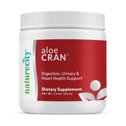 NatureCity AloeCran bottle and label showing a sugar-free aloe vera cranberry blend for digestion