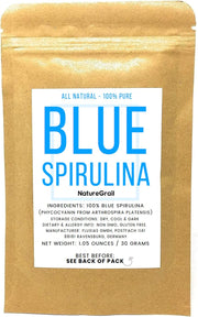 Naturegrail Blue Spirulina powder in a resealable bag for vibrant blue color.