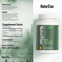 NaturElan Vitamin D3 K2 vegan, non-GMO, gluten-free attributes on packaging