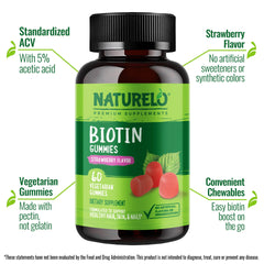 Naturelo Biotin Gummies ingredient panel highlights clean, gluten-free formula for purity.