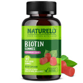 Naturelo Biotin Gummies strawberry flavor bottle for daily hair and nail support.