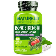 NATURELO Bone Strength bottle label highlighting calcium and minerals for bone support.