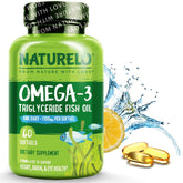 Naturelo Burpless Omega-3 bottle highlights a burpless formula promoting daily heart and brain support.
