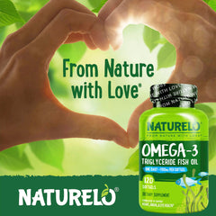Naturelo Burpless Omega-3 lemon flavor bottle close-up showing fresh, purified oil.