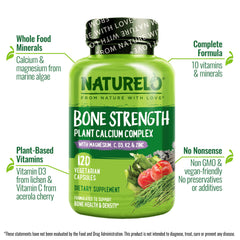 NATURELO Calcium 600mg with D3 display focuses on dosage for bone support.