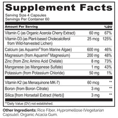Naturelo calcium label close-up shows D3, K2, and C for bone nutrition.