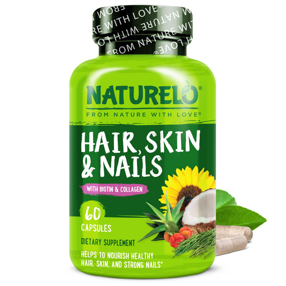 NATURELO Hair, Skin and Nails capsules beside bottle, supports beauty from within.