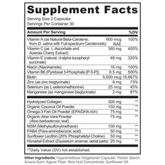 NATURELO ingredients panel highlighting MSM, omega-3s for skin and nails.
