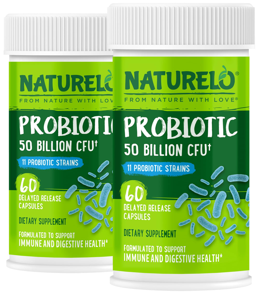 Naturelo Probiotics 50B CFU bottle demonstrates high-potency daily support for digestive balance.