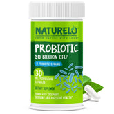 Naturelo Probiotics bottle label front promotes digestive support and daily wellness.