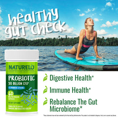 Naturelo Probiotics no fridge storage image emphasizes convenient daily use.
