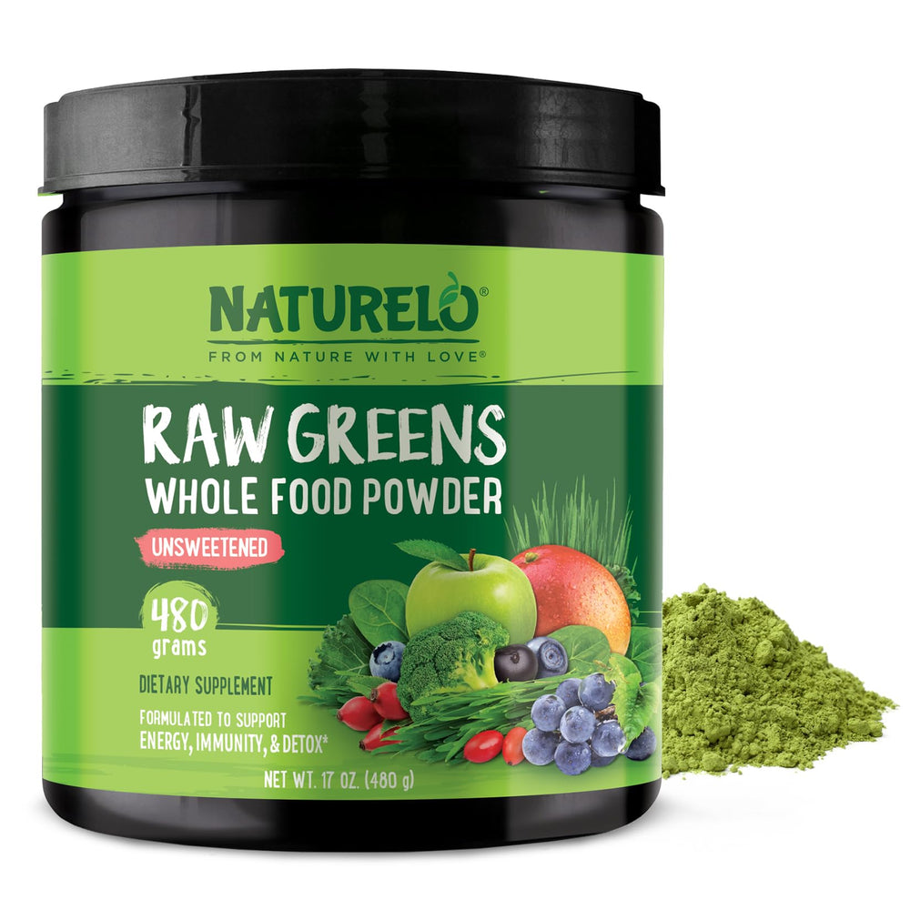 Naturelo Raw Greens Powder bottle front, unsweetened formula for daily energy.