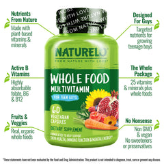 Naturelo Teen Multivitamin bottle back with nutrients overview and clean label.