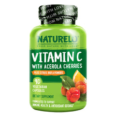 Naturelo Vitamin C bottle with Acerola extract supports immune health.