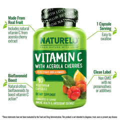 Close-up of Naturelo Vitamin C capsules shows vegan, non-GMO formula.