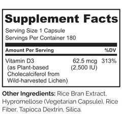 Naturelo Vitamin D3 2500 IU vegan non-GMO label detail highlighting clean ingredients.