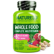 Naturelo Whole Food Multivitamin for Women bottle front supports daily energy with plant-based nutrition