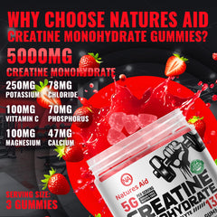 Natures Aid Creatine Gummy jar back highlighting vegan and gluten-free notes.