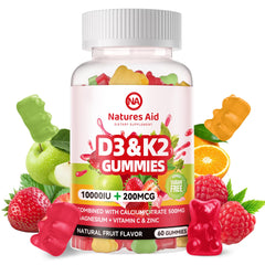 Natures Aid D3K2 gummies bottle front for vegan bone and immune support.