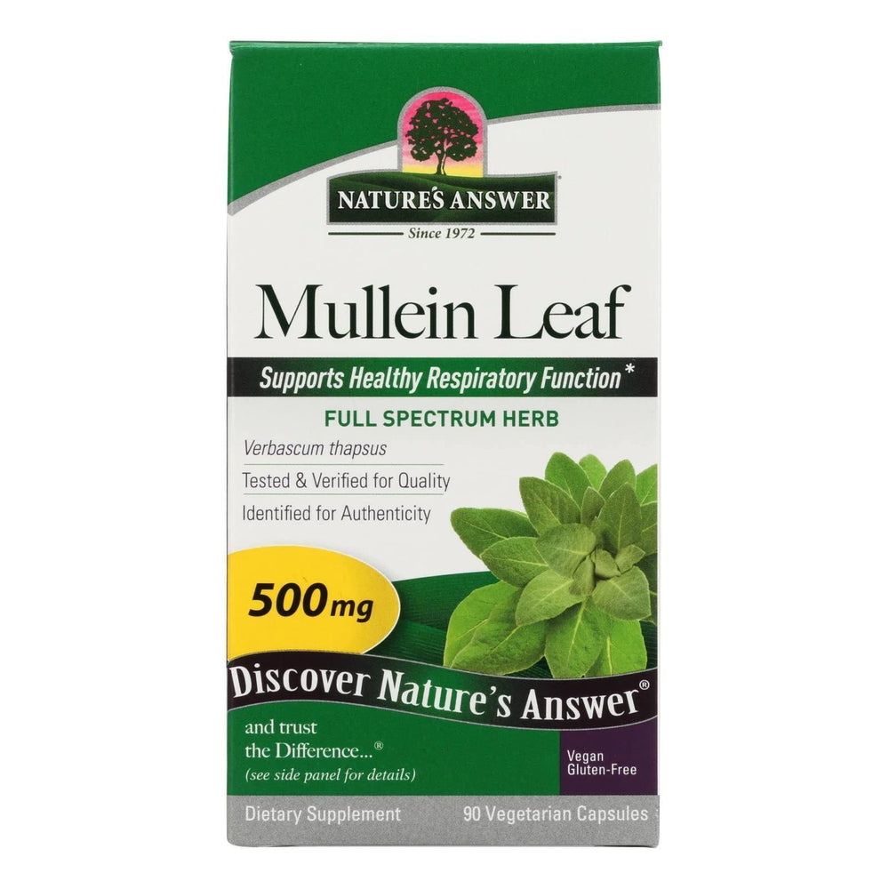 Nature's Answer Mullein Leaf Capsules bottle with label; supports respiratory function and daily wellness.