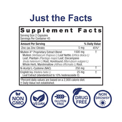 Nature's Answer MulleinX label closeup emphasizing NAC and zinc for immune and mucus support