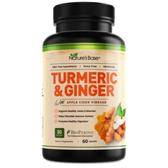 Nature's Base turmeric ginger supplement bottle with easy-to-swallow capsules