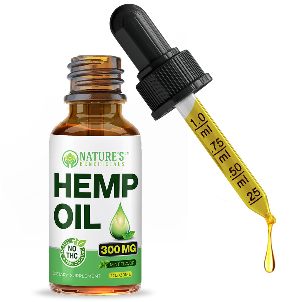 Nature's Beneficials hemp oil drops bottle pour for convenient daily use