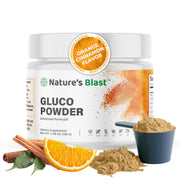 NATURES BLAST Gluco-Powder bottle showing organic formula for metabolic balance.