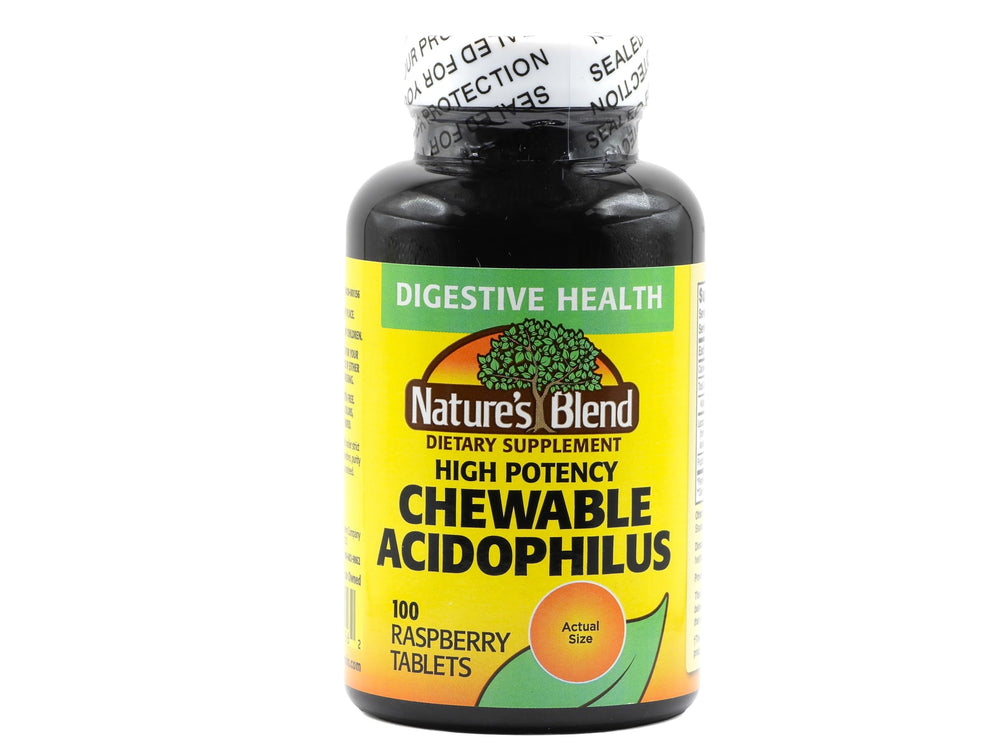 Nature's Blend Acidophilus bottle front view, 100-capsule probiotic for digestive support