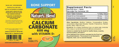 Nature's Blend calcium carbonate tablets close-up, gluten-free and preservative-free.
