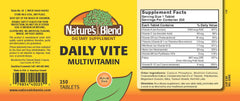 Close-up of Nature's Blend Daily Vite 250 tablets highlights clean gluten-free formula.