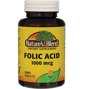 Nature's Blend Folic Acid 1000 mcg bottle front, gluten-free prenatal-support option.