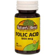 Nature's Blend Folic Acid 1000mcg tablets bottle front shows label for easy dosing.